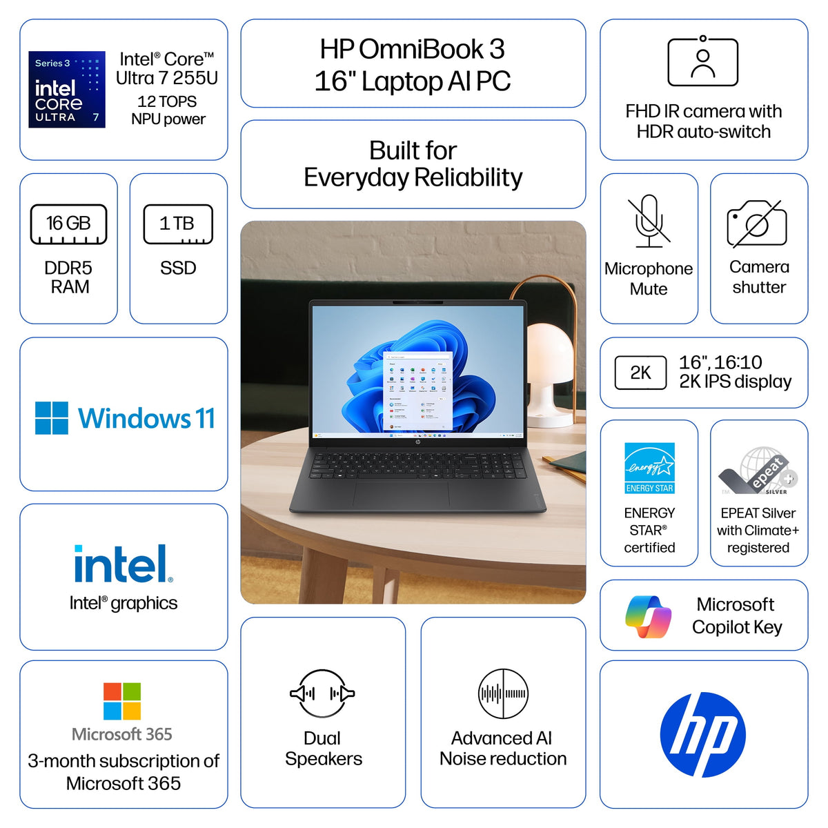 HP OmniBook 3 16 inch 2K IPS Windows Laptop AI PC Intel Core Ultra 7 255U 16GB 1TB SSD Mica Silver