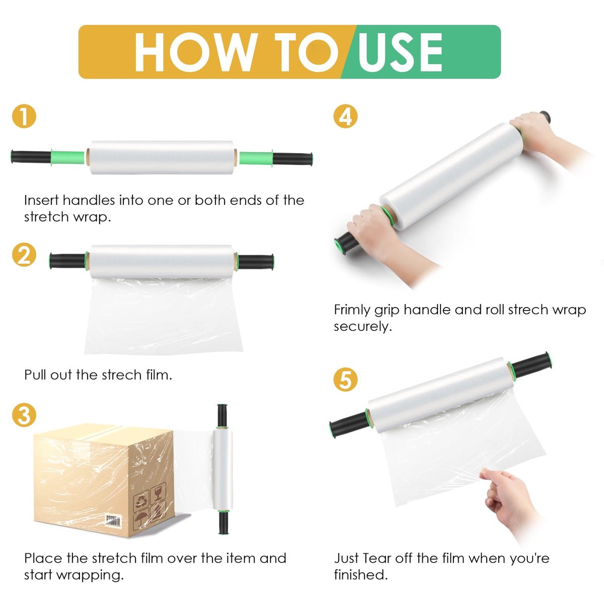MaxGear Stretch Wrap Film, Shrink Wrap Roll(15"x1000 Feetx60 Gauge,2pack) with Rolling Handles, Industrial Strength Self-Adhering Plastic Wrap for Moving Packing Wrapping & Pallet Wrap, Clear