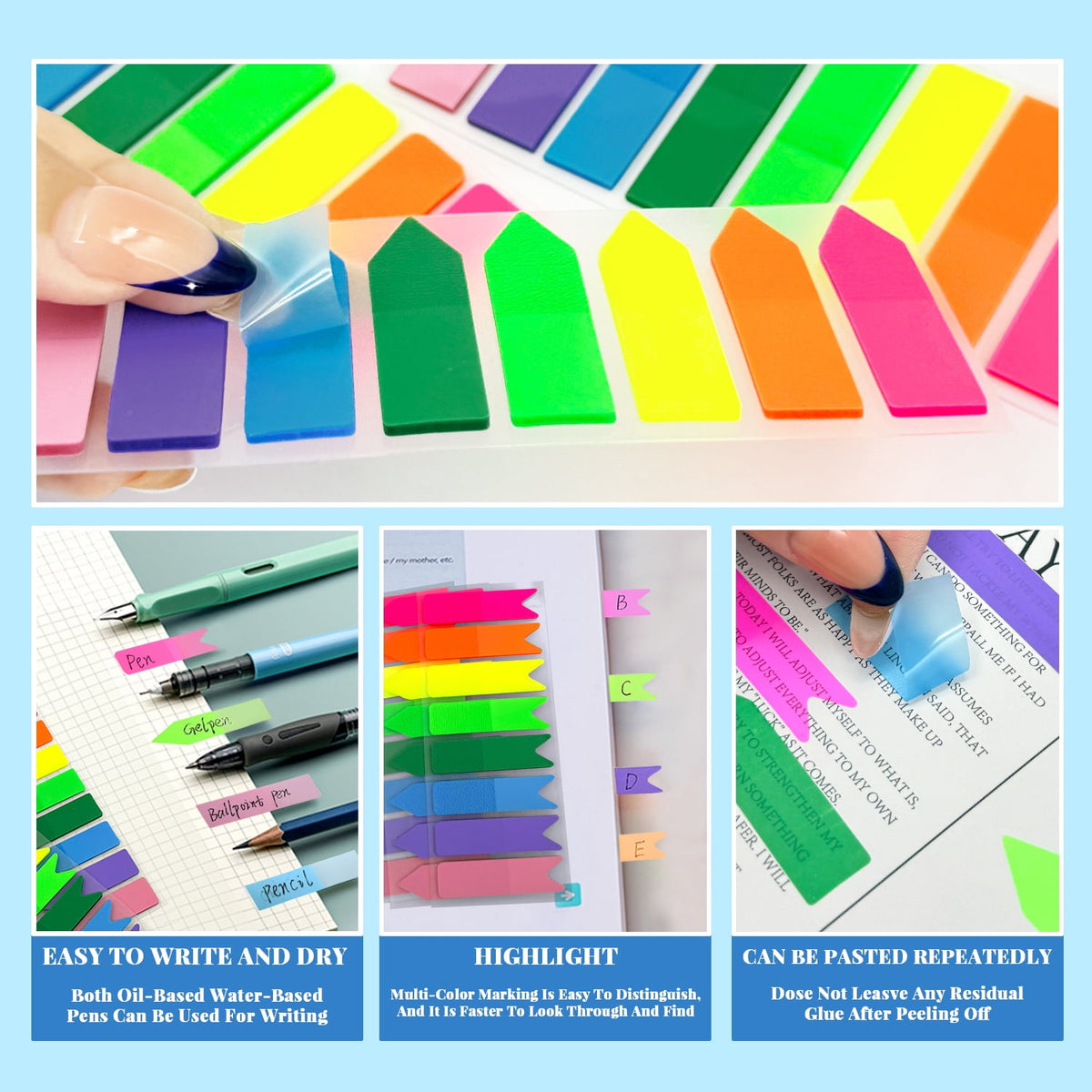 600 Pcs Page Markers Sticky Tabs, Translucent Flags Arrow Fishtail Shapes, 8 Colors per Shape, 3 Packs of 600, Self-Stick Index Tabs