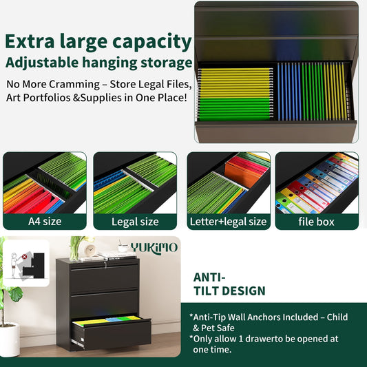 IKIMI 3-Drawer Lateral File Cabinet with Lock, 35.4" Wide Metal Filing Cabinet for Letter/Legal/A4 Files, Black