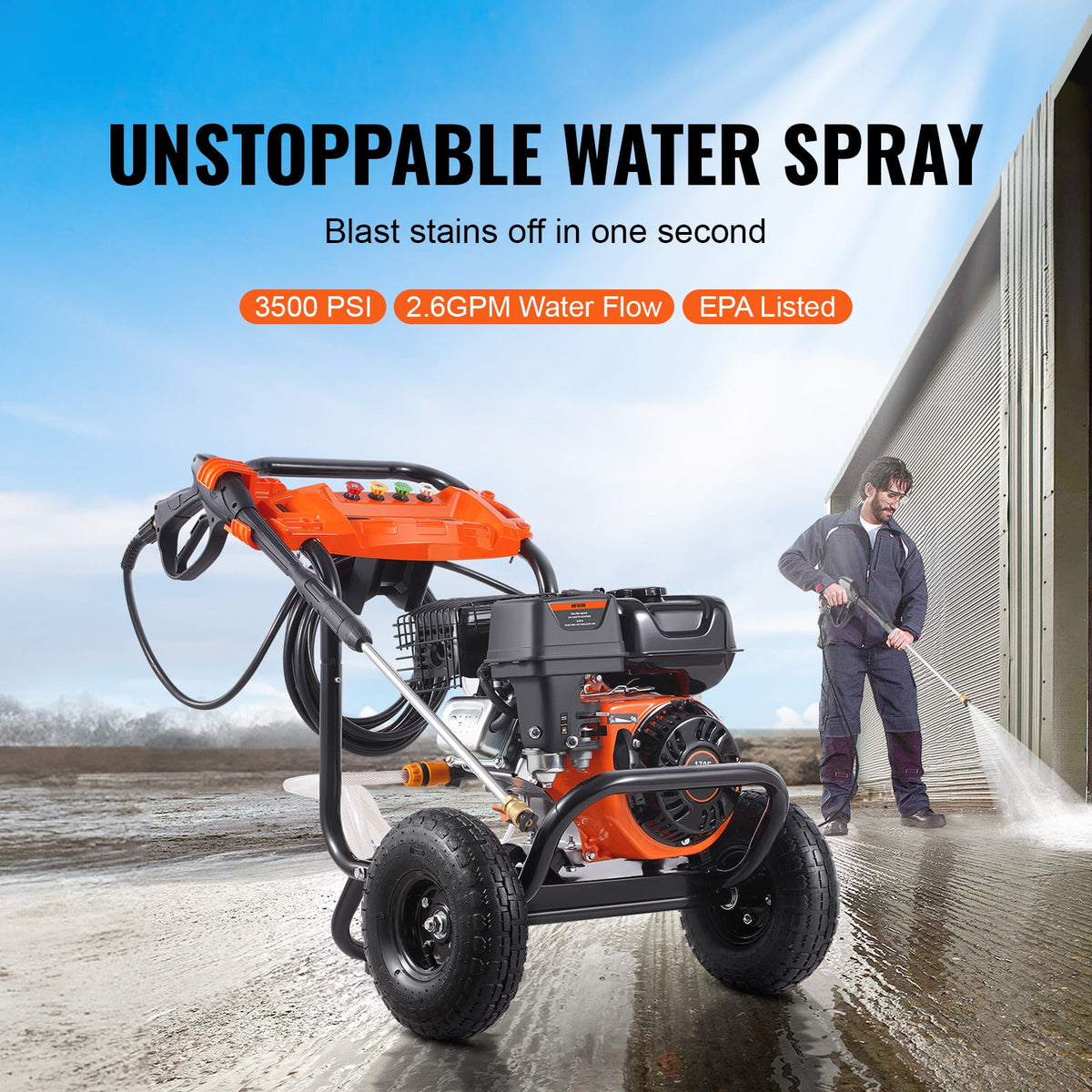 KFFKFF Gas-Powered Pressure Cleaner, 3500 PSI 2.6 GPM, Aluminum Pump Equipped Pressure Washer, Spray Gun and Extension Wand Included, Set of 5 Nozzles, Suitable for Vehicles, Fences, Residences