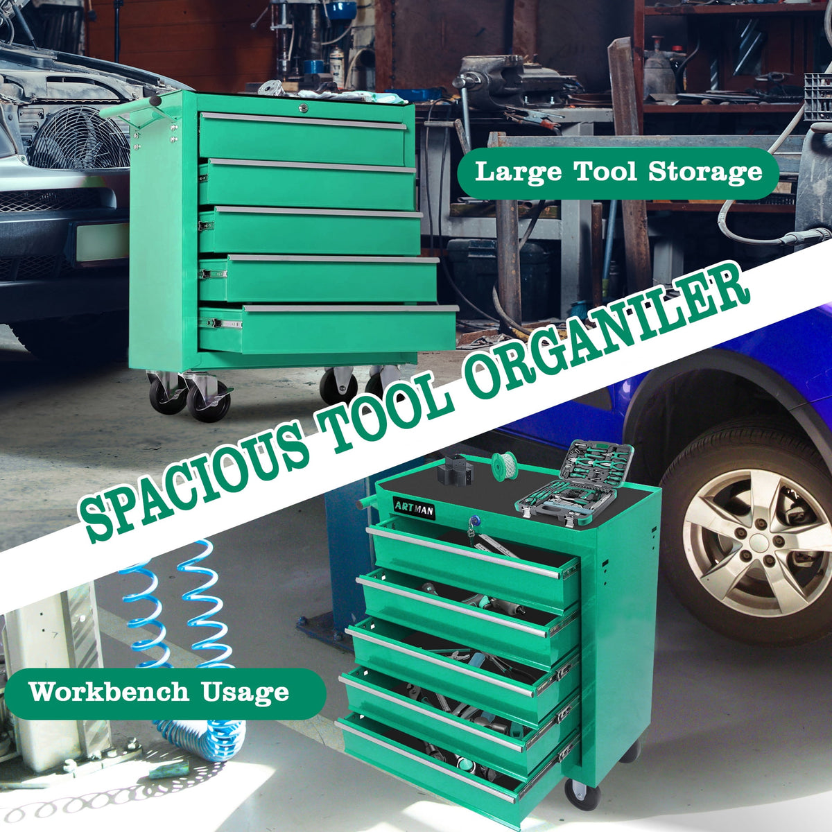 Seizeen Cold Rolled Steel 5-Drawers Tool Chest, Rolling Tool Box on Wheels for Garage Workshop, Green Tool Storage Cabinet