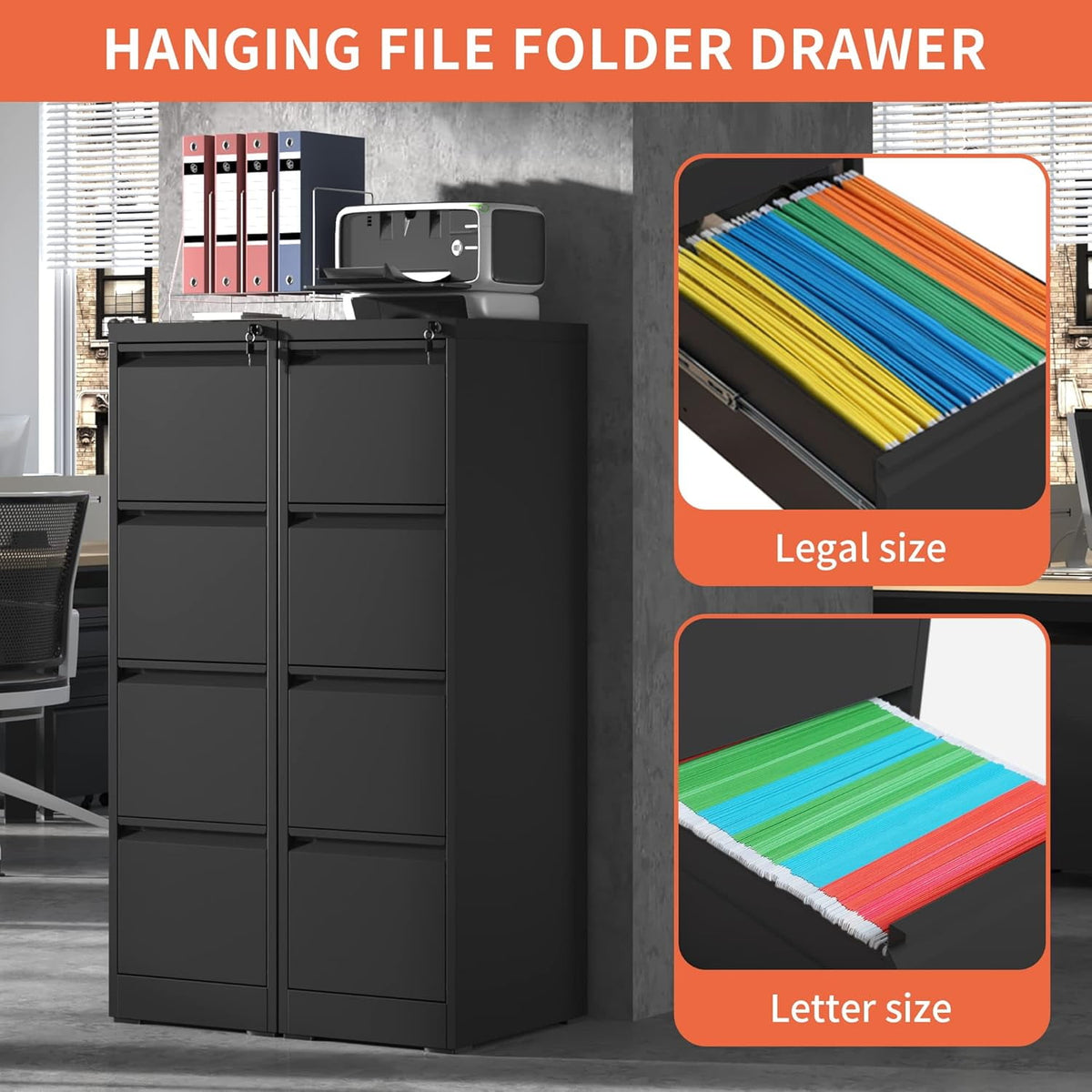 IKIMI 4-Drawer Vertical File Cabinets with Lock, Portable Rolling Metal Filing Cabinet for Legal/Letter/A4 Files, Black