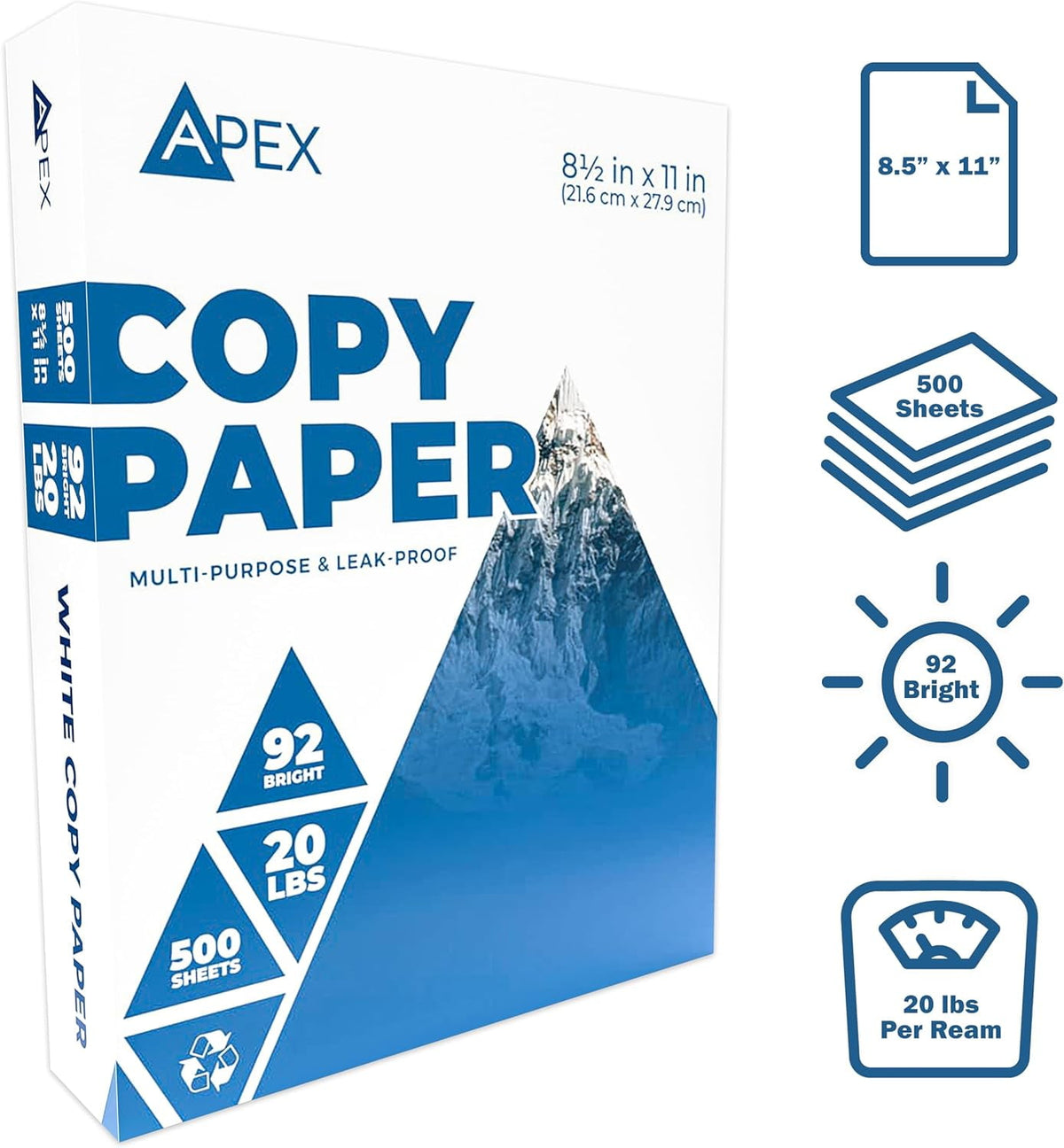 E-CLIPS USA Apex White Copy Paper 8.5” x 11” Multipurpose Printer Paper, 10 Reams Case