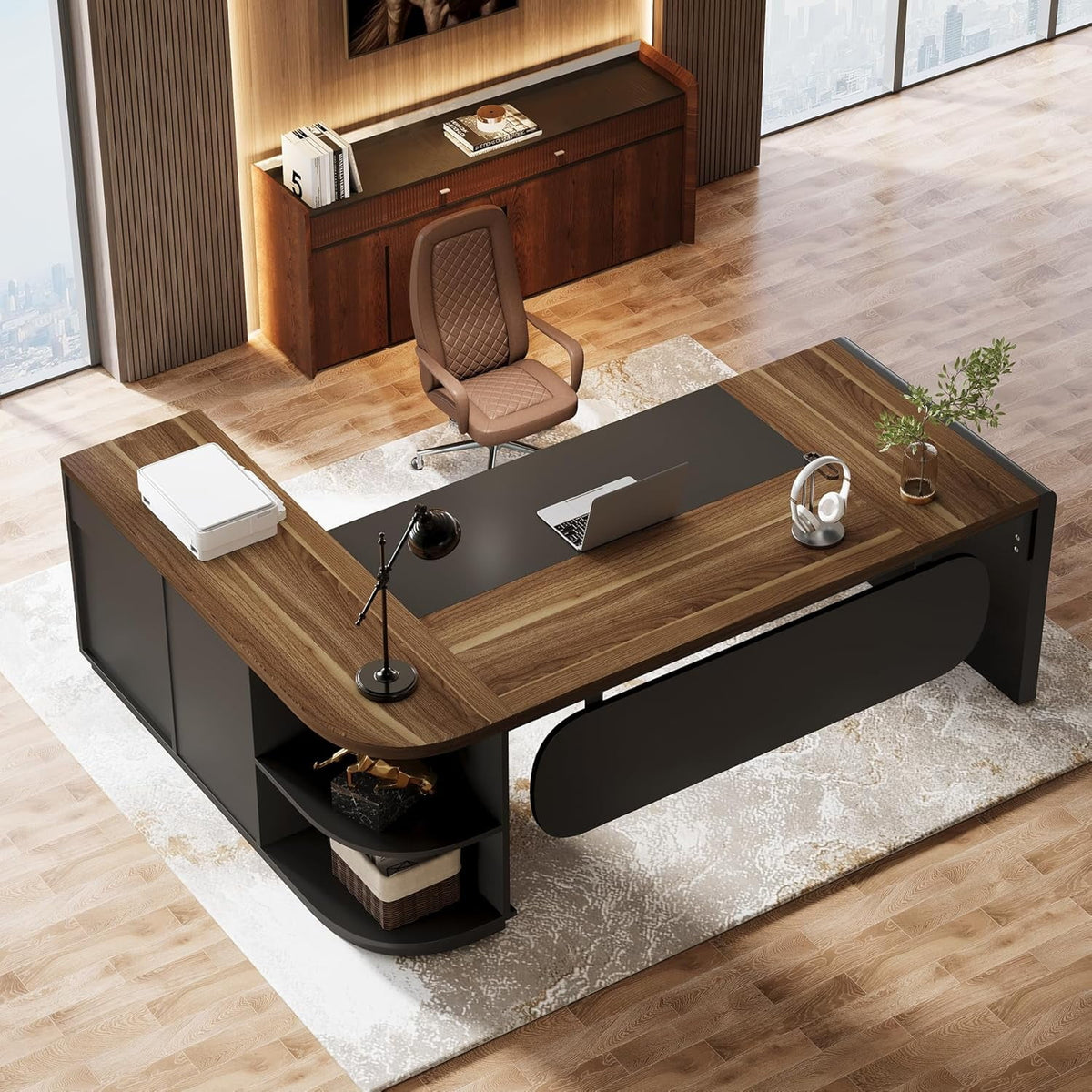 Finmind 80" L-Shaped Desk, Large Executive Office Desk with 55'' Drawers Cabinet