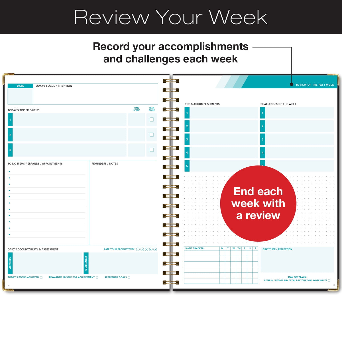 Global Printed Products Productivity Planner with Bookmark and Notepad - Spiral Notebook for Daily Planning - 8.5" x 11" (Brown) - GPP-0092-D