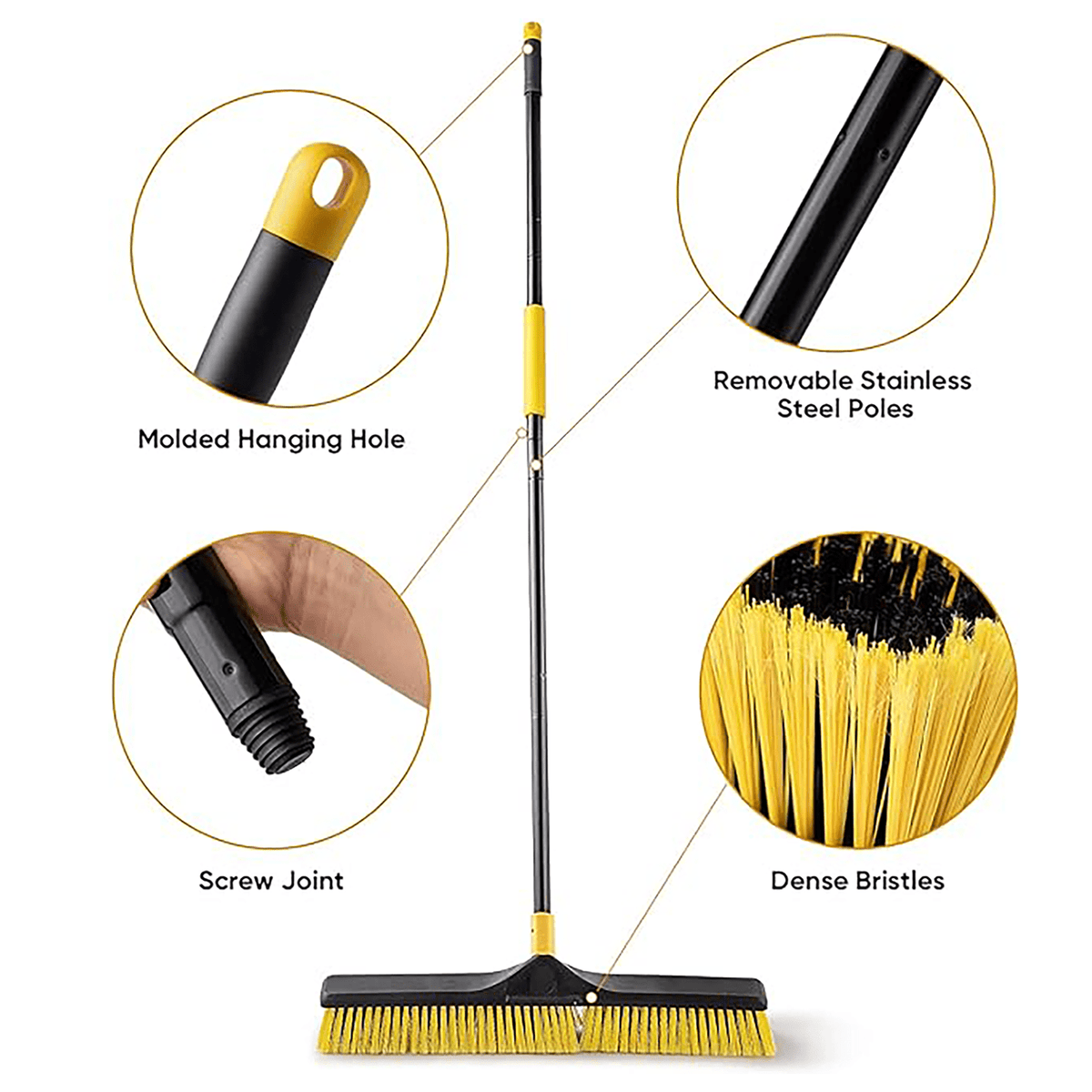 Yocada Heavy Duty Push Broom Brush 24" Wide with 65.3" Iron Pole for Outdoor Indoor Cleaning, Yellow