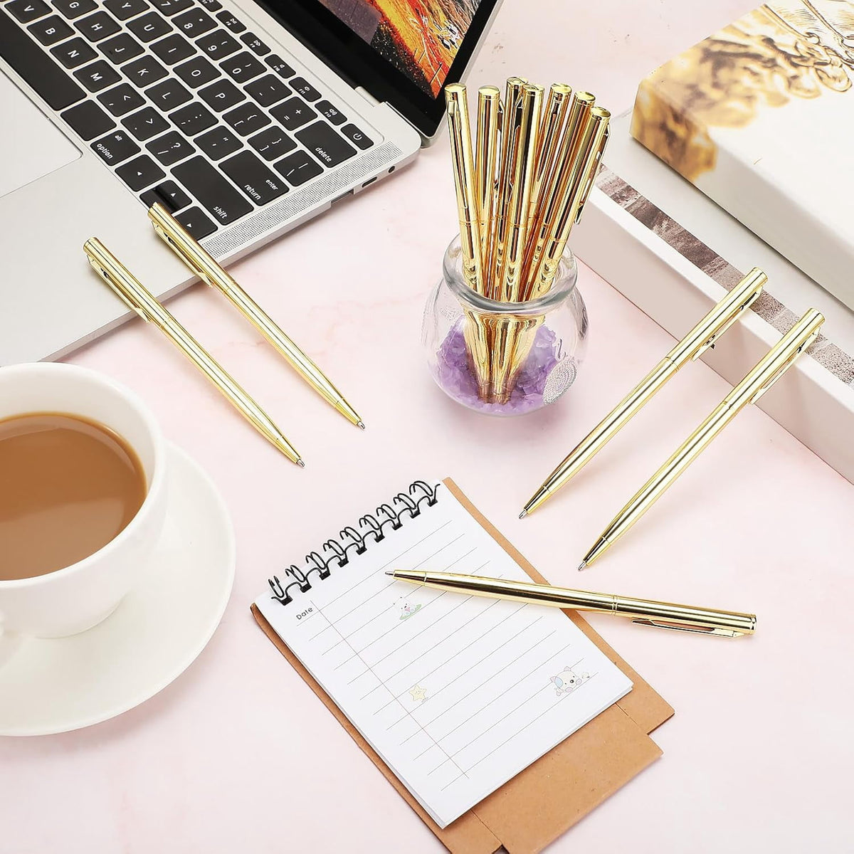 12 Pcs Gold Metal Slim Ballpoint Pens Bulk Retractable Metallic Black Ink 1 mm Medium Point Smooth Writing Pens for Wedding Business Office