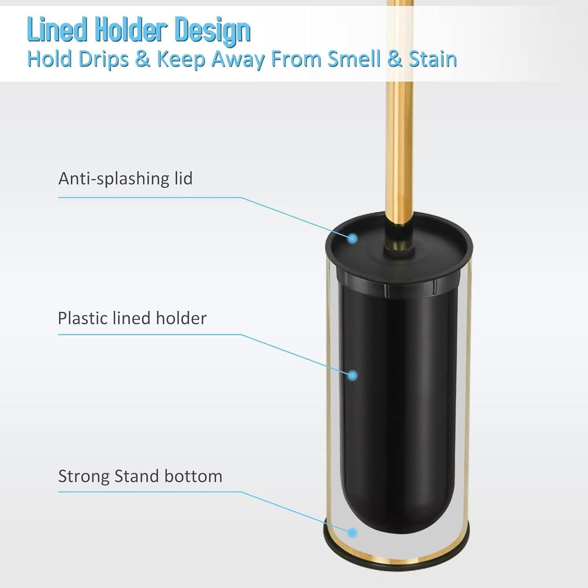 Compact Toilet Brush & Holder, Stainless Steel ,Wall-Mounted,easy to install,long handle,Heavy Duty Cleaner for Bathroom, brushed gold