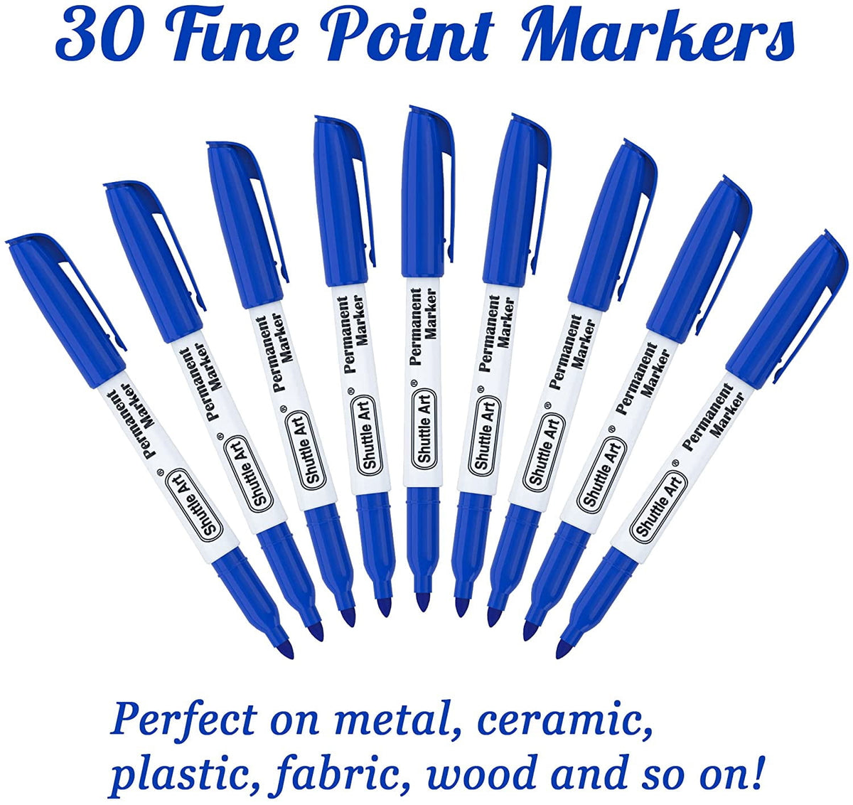 Permanent Markers,Shuttle Art 30 Pack Blue Permanent Marker set,Fine Point, Works on Plastic,Wood,Stone,Metal and Glass for Doodling, Marking