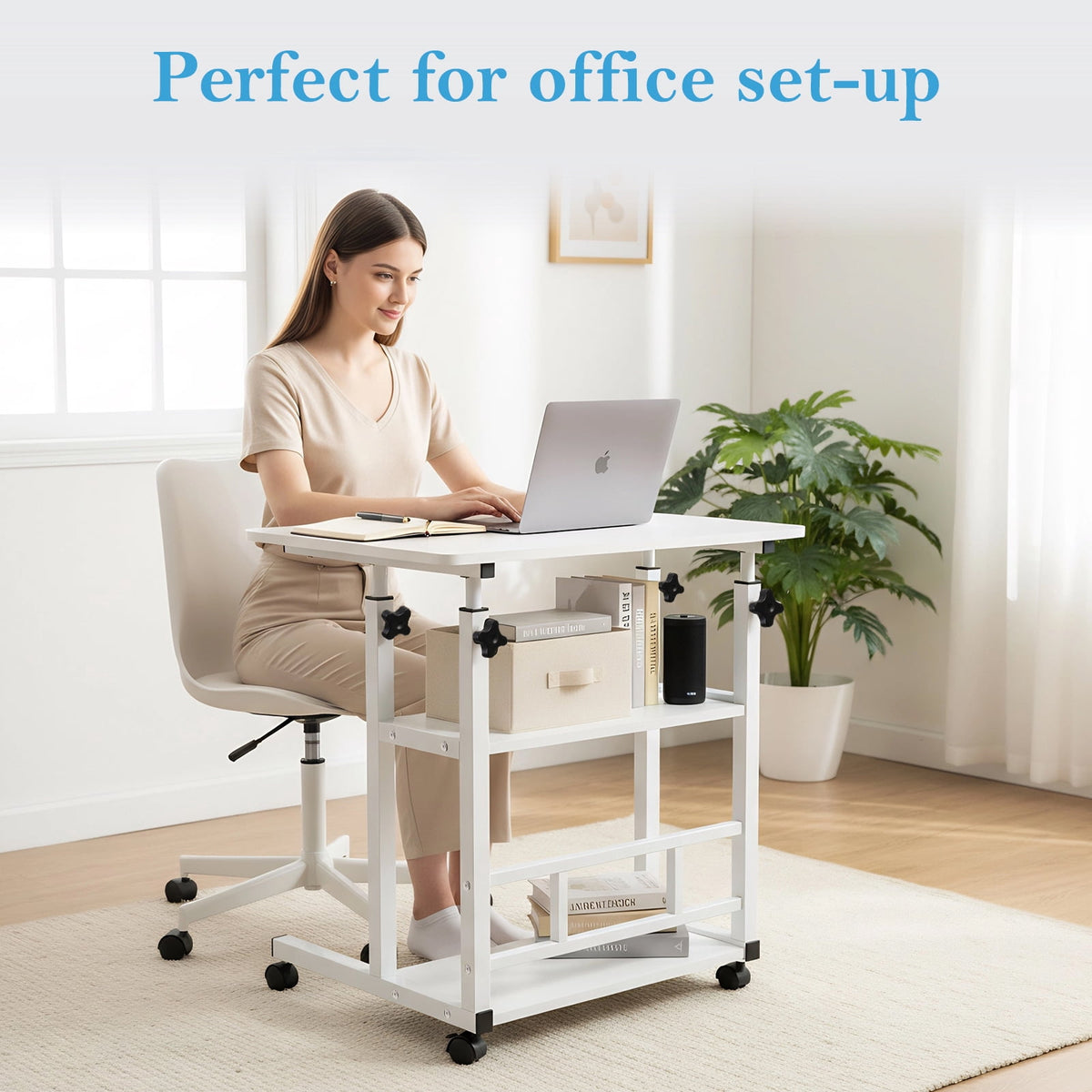 Portable Desk with Wheels Small Standing Desk on Wheels Adjustable Height Rolling Desk for Small Spaces 32 Inch Computer Desk with Storage Shelves for Home Office Study White