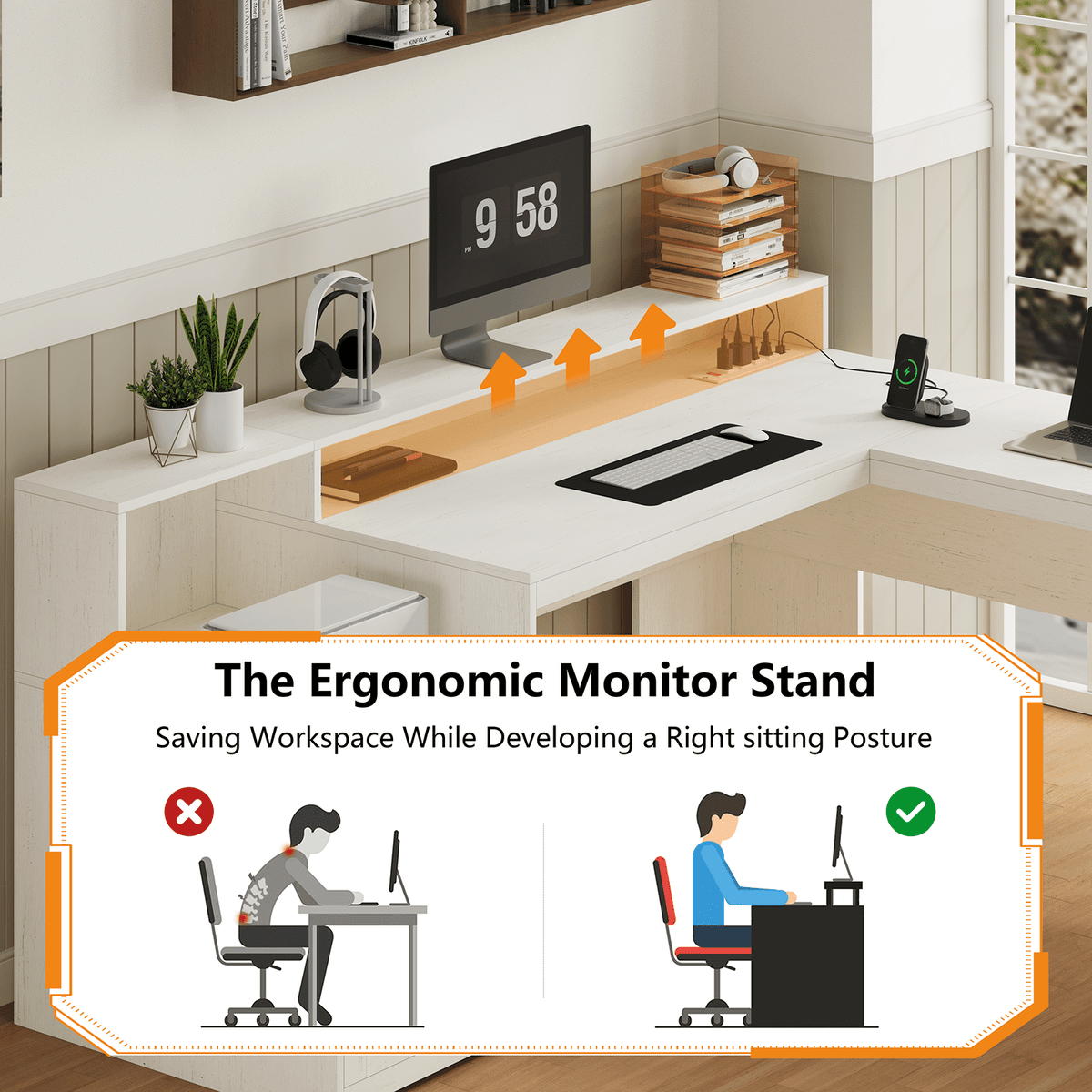 63" Farmhouse L Shaped Executive Desk with Drawers & Storage Shelf, Corner Computer Desk with Power Outlets, L Shaped Office Desk with Monitor Stand, Printer Shelf, White